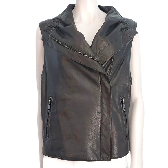 Andrew Marc Black Leather Vest Size Large Edgy Sophisticated Lined Pockets Biker - Picture 14 of 15